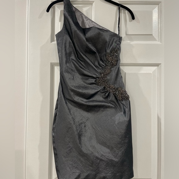 Vintage Jessica McClintock One Shoulder Gunmetal Embroidered Dress 4 - Picture 1 of 4